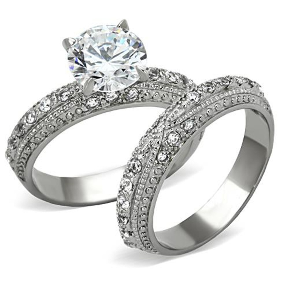 3.25 Ct Zirconia Stainless Steel Wedding Ring Set - Picture 2 of 6